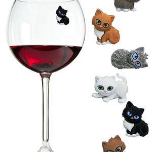 Simply Charmed Cat Wine Charms or Drink Glass Markers - Magnetic - Great Birthday or Hostess Gift for Cat Lovers - Set of 6 Cute Kitty Glass Identifiers