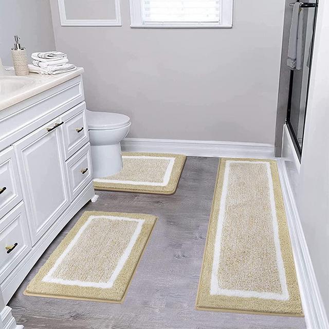 Pauwer 3 Pieces Bathroom Rugs Sets, Microfiber Shaggy Bath Mat Set, Ultra Soft Non-Slip Bath Rug Mat Set, with U Shaped Toilet Rugs for Bathroom, Tub, Shower Washable Carpets Set,Beige