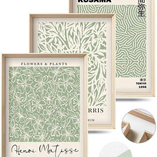 HesenDot Framed Matisse Sage Green Wall Art,William Morris Canvas Wall Decor,16x12IN High Framed Wood Design Prints,Minimalist Classic Decor Aesthetic for Living Room,Bedroom,Bathroom Set of 3