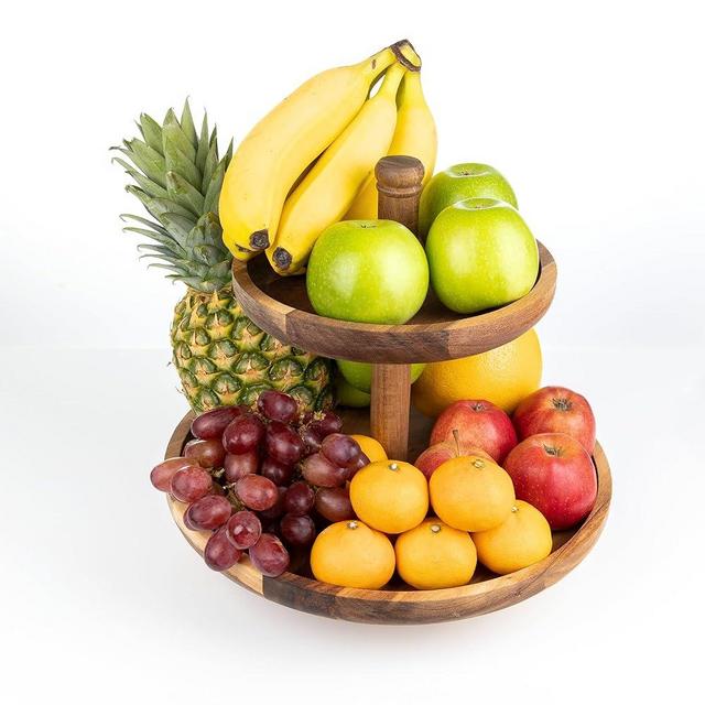 Cooks of London 2 Tier Fruit Basket - Acacia Wood Fruit Stand for Kitchen Counter - Display Fruit Bowl Holder for Countertop Space Saving - Tall Fruit Stand Rack Ideal for Kitchen Organization