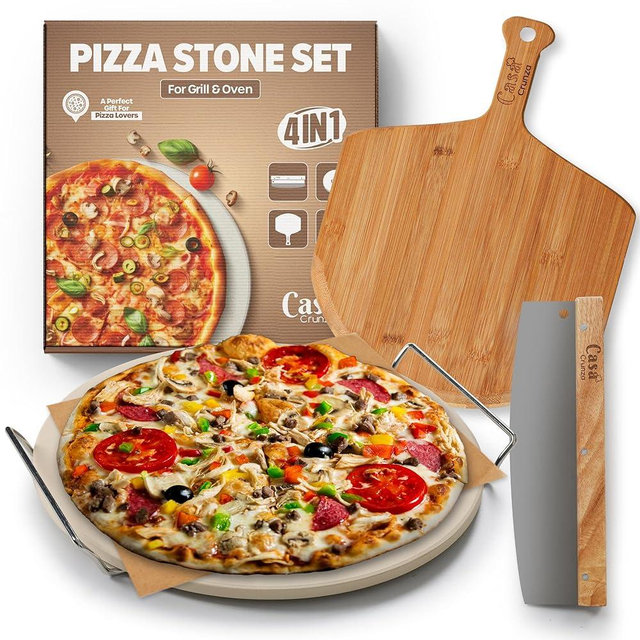 Pizza Stone Set – 5 PCS Premium Cordierite Pizza Stone Set for Baking & Grilling, Complete Pizza Making Kit with Bamboo Peeling Board, Pizza Cutter, and Greaseproof Paper (Pizza Stone Set)