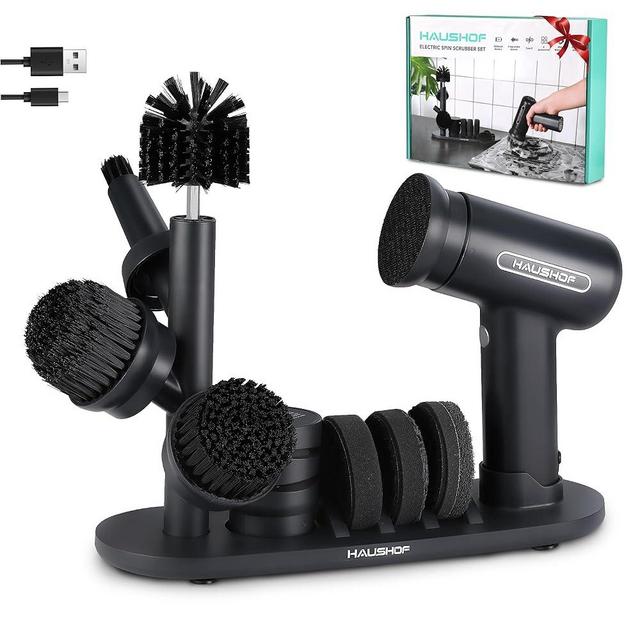 HAUSHOF Electric Spin Scrubber, Cordless Cleaning Brush with 8 Replaceable Heads and 3 Speeds for Cleaning Kitchen, Bathroom, Knife Sharpener Included