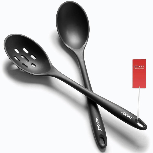 Silicone Spoons for Cooking - Extra Large Kitchen Spoons for Mixing, Serving, & Stirring - 600°F Heat-Resistant Non Stick Utensils Ladle & Skimmer- Dishwasher Safe, Black