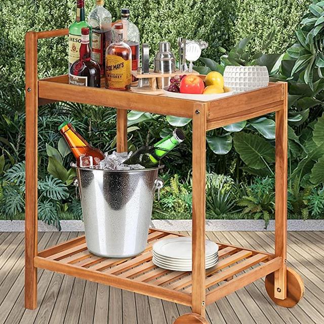 SPORFIT Outdoor Bar Cart Patio, Serving Carts for Home, Solid Wood Rolling Trolley Cart Weather Resistant, Multi-use Mobile Dining Carts in Kitchen