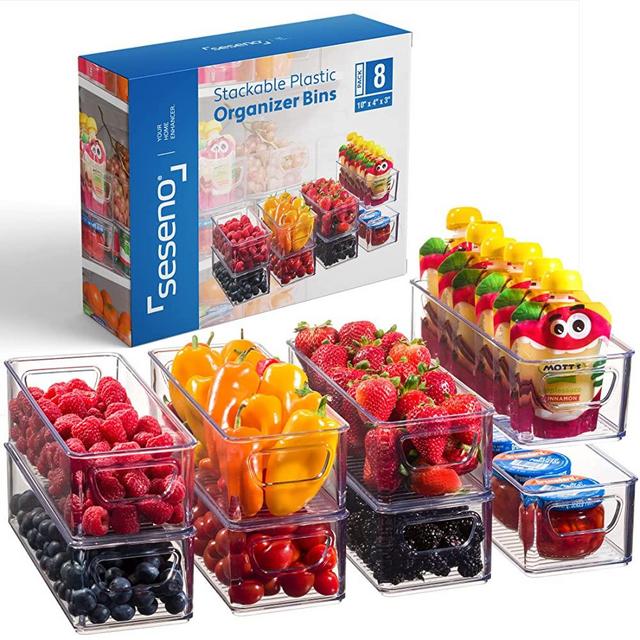 Set Of 8 Stackable Plastic Food Storage Bins - Refrigerator Organizers with Handles for Pantry, Fridge, Freezer, Kitchen, Countertops, Cabinets - Clear Plastic BPA Free Food Storage Rack