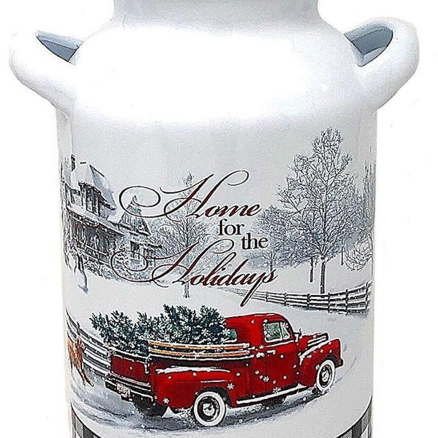 Gerson Christmas Holiday Kitchen Decor Organizer Antique Truck White Enamel/Home for the Holidays / (Milk Can)