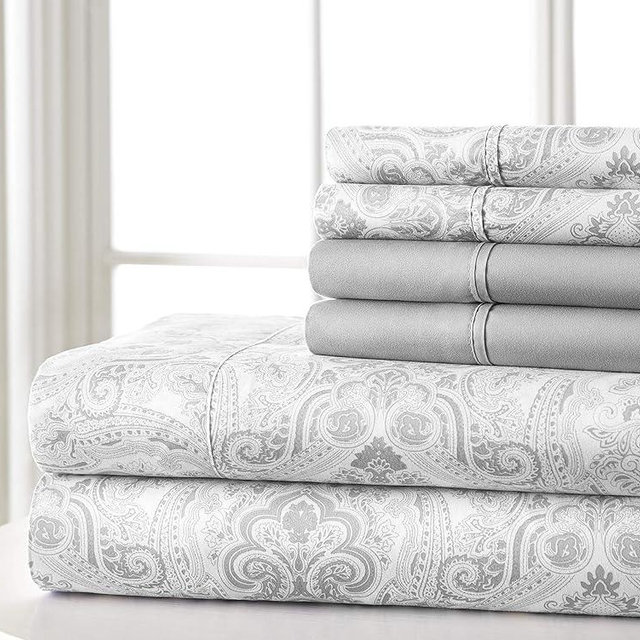 Spirit Linen home Bed Sheets Set 6PC Paisley Sweet Dream Ultra Soft Microfiber Sheet Set with Fitted Sheet Flat Sheet Pillowcases (Light Grey, Full)