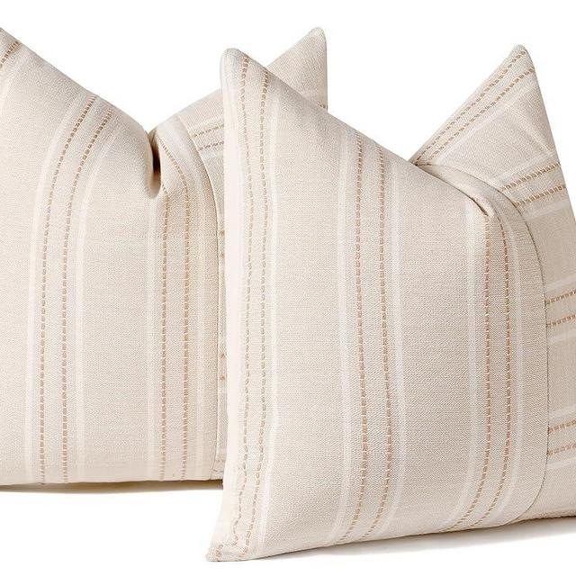 Hckot Decorative Throw Pillow Covers 20x20 Textured Striped Pillow Covers Linen Farmhouse Decor Cushion Covers for Couch Bed Living Room Sofa, Khaki