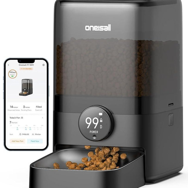 oneisall Cordless WiFi Automatic Cat Feeder, Rechargeable 100-Day Battery Operated Pet Feeder, 20 Cups/5L Timed Cat Food Dispenser for Large Kibble, Smart App Control (Black)