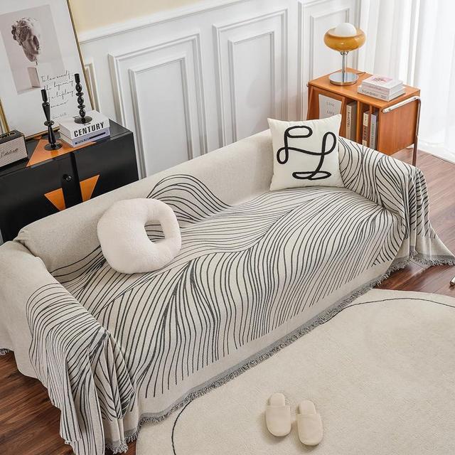 HANDONTIME Striped Dog Couch Cover Beige Grey Sofa Covers Mountain Geometric Sofa Covers for 3 Cushion Couch Farmhouse Sectional Couch Covers for L-Shaped Chenille Pet Furniture Protector, 71" x 118"