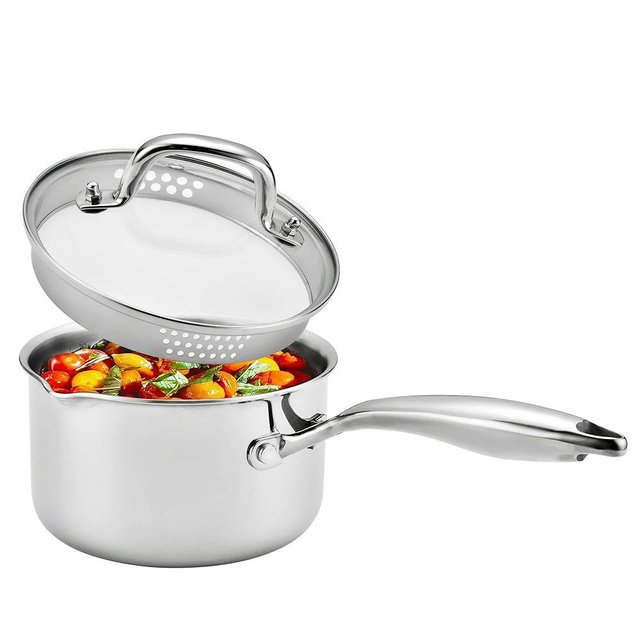 Cyrosa 3 Quart Saucepan with Strainer Lid, Stainless Steel Sauce Pot, Sauce Pan for Stove Top, Two Side Spouts for Easy Pour, Dishwasher Safe