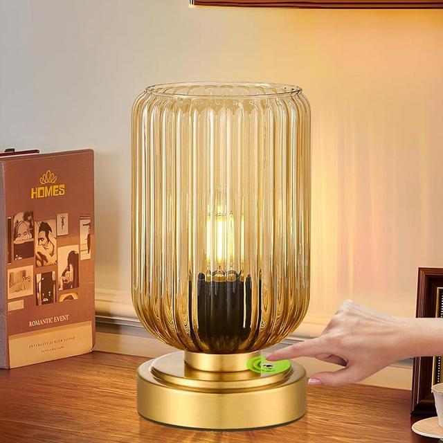 Touch Table Lamp for Nightstand - Small Bedside Lamps for Night Stands Bedroom Living Room, Dimmable Rechargeable Desk Lamp Battery Operated with Amber Glass Shade, Bulb Included