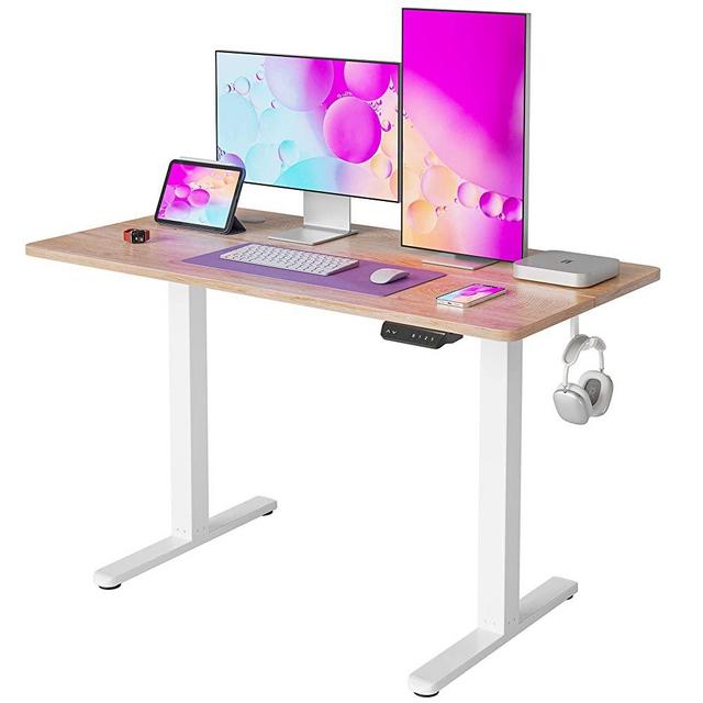 FEZIBO Electric Standing Desk, 48 x 24 Inches Height Adjustable Table, Ergonomic Home Office Furniture with Splice Board, White Frame/Maple
