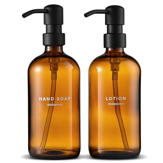 MaisoNovo 16 Oz Glass Soap Dispenser Bathroom 2 Pack w/Black Stainless Steel Pump | Amber Glass Soap Dispenser with Pump | Hand Soap Dispenser, Dish Soap Dispenser for Kitchen, Lotion Dispenser