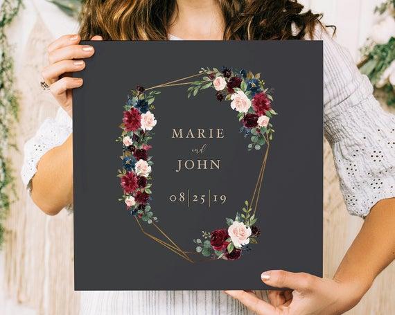 Personalized Wedding Guest Book, Wedding Guestbook, Custom Guestbook with Geometric Frame and Burgundy Florals, Photo Guestbook - Dark Gray