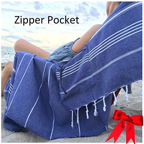 Lux Oversized 40x75 Very Absorbent Cotton Beach Towel W/Hidden Zipper Pocket 100% Natural Turkish Cotton XL - Sand Free Lightweight Quick Dry | Poolside Sunbed Throw Boys Girls (Navy Blue)