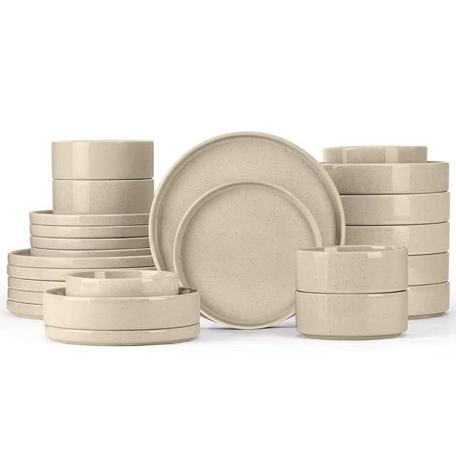 Herogo 24 Piece Dinnerware Sets with Double Bowls, Stoneware Plate and Bowls Set for 6, Ceramic Dinner Dishware for Kitchen Dining, Microwave & Dishwasher Safe, Speckled Khaki