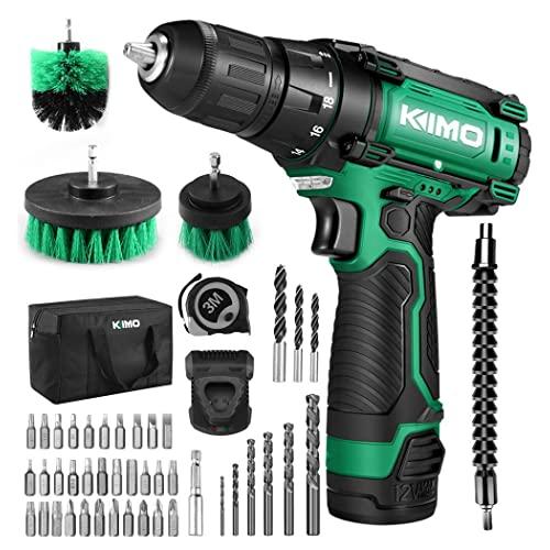 Cordless Drill/Driver Kit, 48pcs Drill Set w/Lithium-Ion Battery Brushes Tape Measure - 12V Max Drill 280 In-lb Torque, 18+1 Metal Clutch, 3/8" Keyless Chuck, Built-in LED - Wood Bricks Walls Metal
