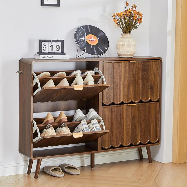 Shoe Storage Cabinet for Entryway with 4 Flip Drawers, Freestanding Narrow Wood Shoe Cabinet with Wave Panel, Hidden Shoe Organizer for Foyer, Hallway (Walnut)