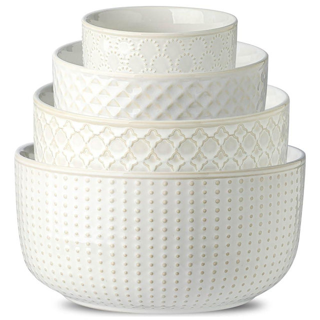Familywood Ceramic Mixing Bowls, 27/53/84/162 oz, set of 4, Embossed large Mixing Bowl set, Serving bowls, Kitchen Dishware, Prep, Gift, Microwave and Dishwasher Safe, Modern Farmhouse Decor