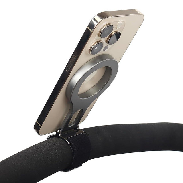 Magnetic Phone Holder for Bar, Stroller, Shopping Cart, [Strong Magnet] 180° Adjustable for Gym, Home Fitness Bikes with Adjustable Strap, All Phone (Magnetic Ring Included)