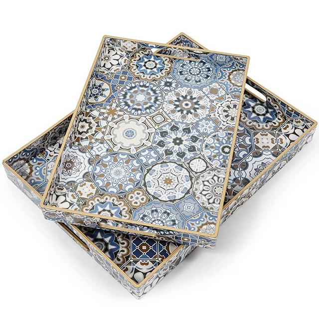 AGIOTA 2 Pack Serving Tray with Handles, Boho Decorative Tray, Large Ottoman Tray for Living Room, Bathroom, Kitchen Decor, Blue Rectangle Coffee Table Tray