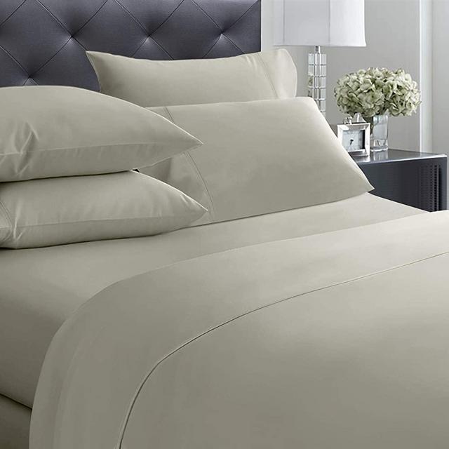 400-Thread-Count Queen Size Sheet Set - 6 Pcs with 4 Pillowcases - 100% Cotton Bedding Set Taupe Sateen Weave Sheets, Elasticized Deep Pocket Fits Low Profile Foam and Tall Mattresses