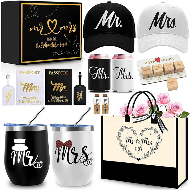 Wedding Gifts for Couple 2026, Personalized Mr & Mrs Gifts with 12 Oz Tumblers Hats Tote Bag Passport Holders Baggage Tags Dice for Honeymoon Travel, Engagement, Newlyweds, Bridal Shower, Anniversary