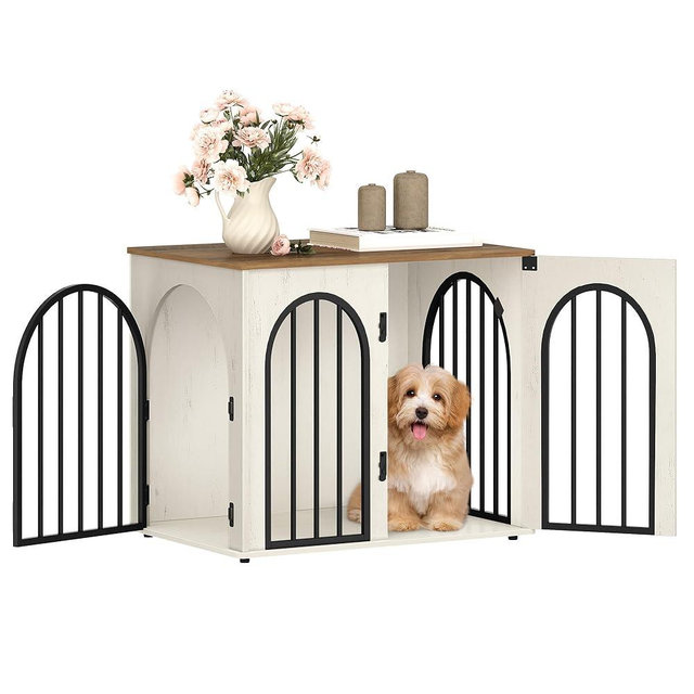 Hzuaneri 26.8'' Wooden Dog Crate Furniture, Indoor Dog Kennel Dogs Cage for Small Dogs, Heavy Duty Dog Crates Decorative Pet House End Side Table TV Stand, White Brown DFC85514B
