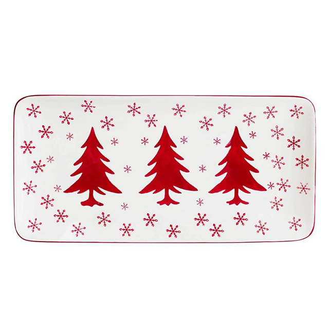 Euro Ceramica Winterfest Christmas Collection, 14" Rectangular Serving Platter, Red/White