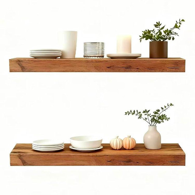 Sniffury Solid Wood Floating Shelves,23.6in Finished Real Wood Wall Shelves with Heavy-Duty Hidden Bracket, Easy Installation, Set of 2, 23.6in x 7.1in x 1.5in, for Living Room Bedroom Kitchen,Bronze