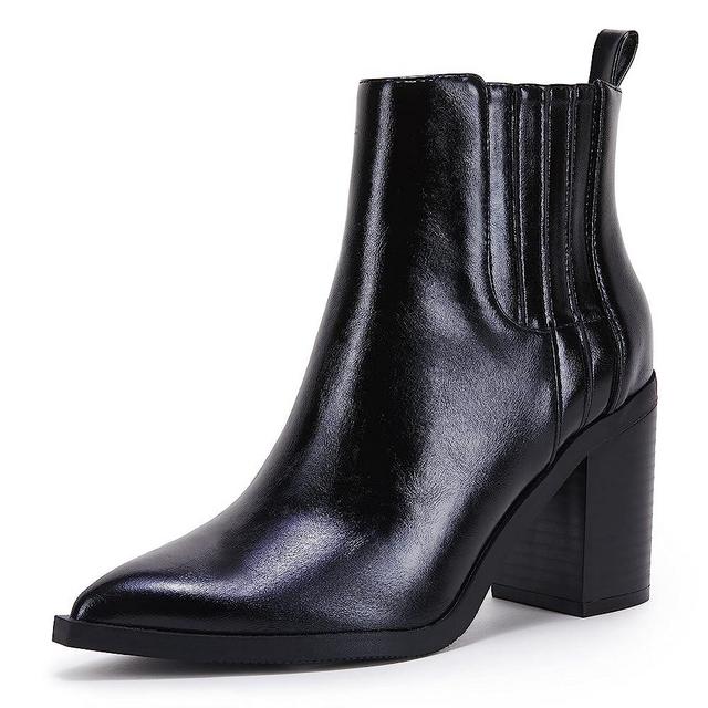 Womens Ankle Boots Slip on Pointed Toe Chunky Block Mid Heel Leather Elastic Panel Casual Chelsea Western Booties