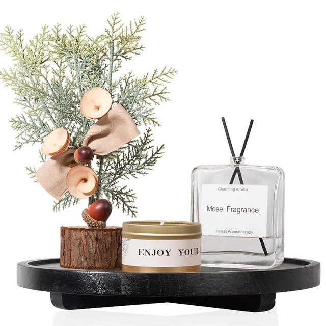 Round Decorative Tray Wood Bathroom Counter Organizer Farmhouse Kitchen Decor Wooden Riser for Soap Dish, Perfume, Candle, Sponge, 11" - Black