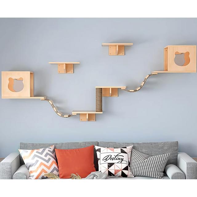 Cat Wall Shelves, Cat Wall Furniture, Cat Shelves and Perches Wall Mounted Indoor Cats Furniture Solid Wood Cat Wall House Set for Activity Climbers