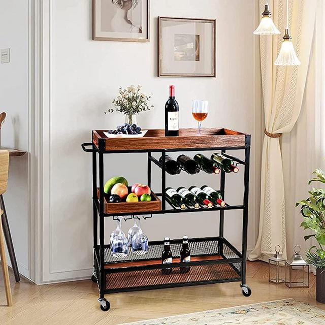 POLOPA Bar Cart for The Home Rolling Wine Cart with Wheels White 4 Tier with Glass Holders