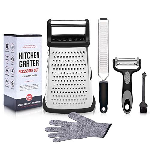 Box Grater Zester & Peeler Stainless Steel Kitchen Tools Set for Cheese, Lemon, Nutmeg, Fruits, Vegetables, Ginger, Cinnamon, Potato, Coconut - Durable, Dish washer and BPA Free. (Black)