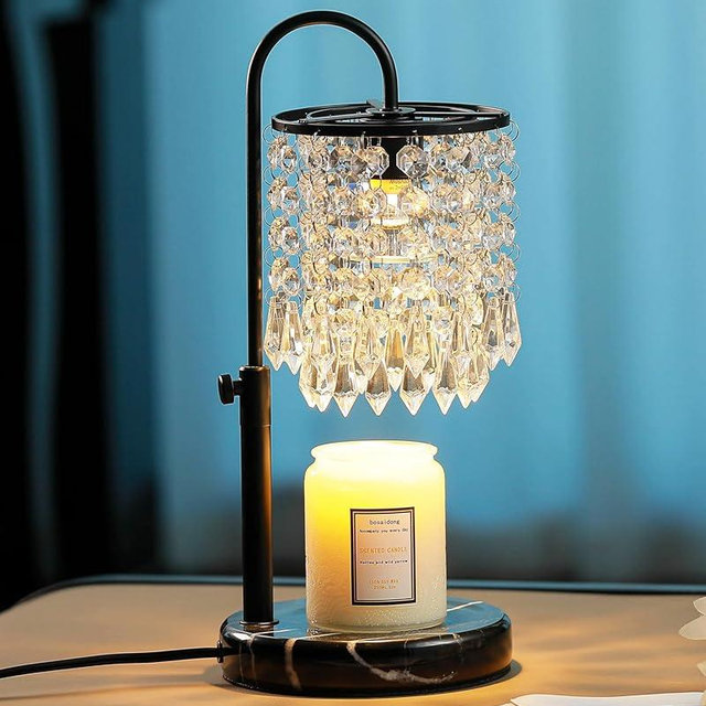 Candle Warmer Lamp with Timer Dimmer and 3 Bulbs, Candle Lamp Warmer with Marble Base for Adjustable Height, Crystal Candle Lamp for Jar Candles, House Warming Gifts Home Room Decor, Black