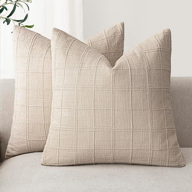 Foindtower Set of 2 Decorative Linen Check Throw Pillow Covers Neutral Farmhouse Vintage Cushion Covers Modern Boho Home Decor For Sofa Chair Couch Bedroom Living Room Outdoor,20×20 Inch,Natural Linen
