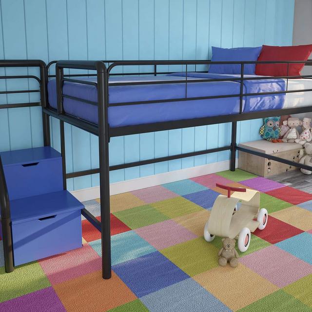 DHP Junior Twin Metal Loft Bed with Storage Steps, Multifunctional Space-Saving Solution - Black with Blue Steps