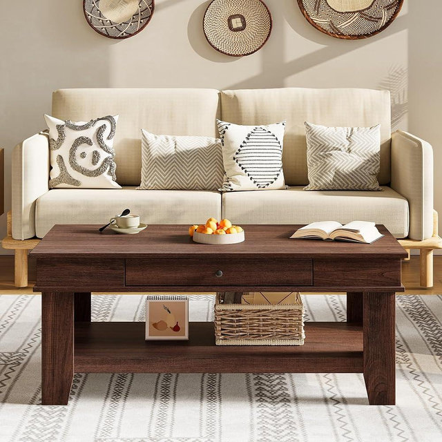 Takywep Rectangular Coffee Table with Drawer and Open Shelf, Long Center Table for Living Room, Rustic Finish, Stable Four Leg Structure, Easy to Clean Surface, Heavy Duty Storage Design, Walnut