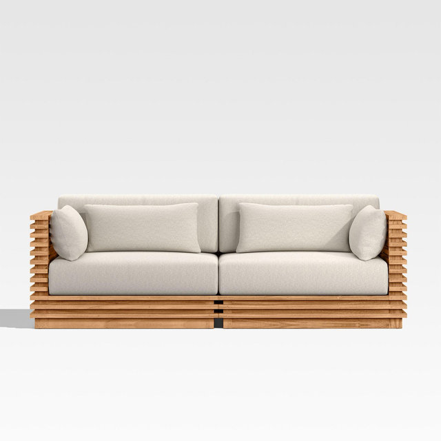 Batten 83" Natural Teak Outdoor Loveseat with Oat Cushions