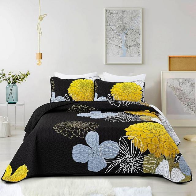 3 Pieces Yellow Floral Pattern Quilts King Size Coverlet Set - All Season Lightweight Black Bedspread with 2 Pillowcases - Soft Microfiber Reversible Bedding Quilt Set (Yellow/Black, 104"x90")