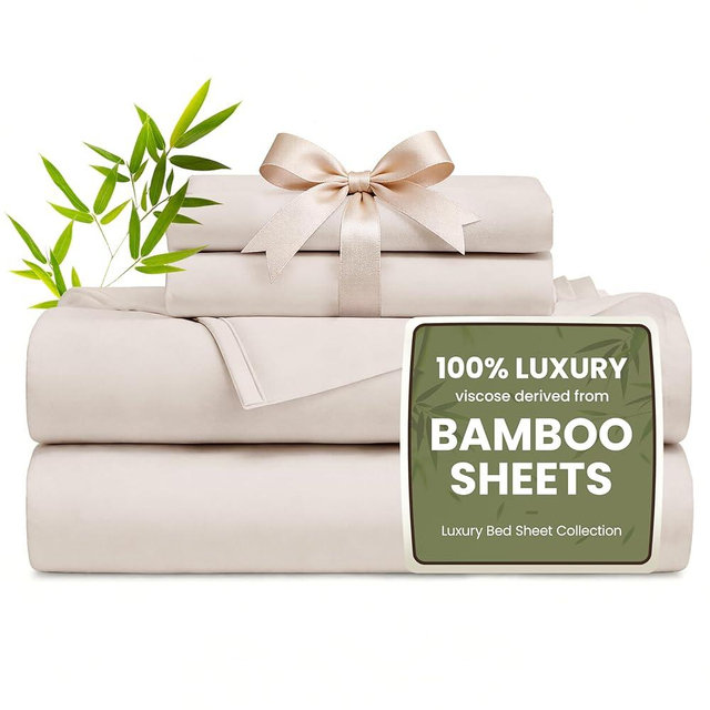 Love's cabin 4 Piece King Size Sheet Set, 100% Rayon Derived from Bamboo, Cooling & Breathable, Soft Silky Deep Pocket up to 16", Hotel Luxury Bedding for Hot Sleepers, Sand
