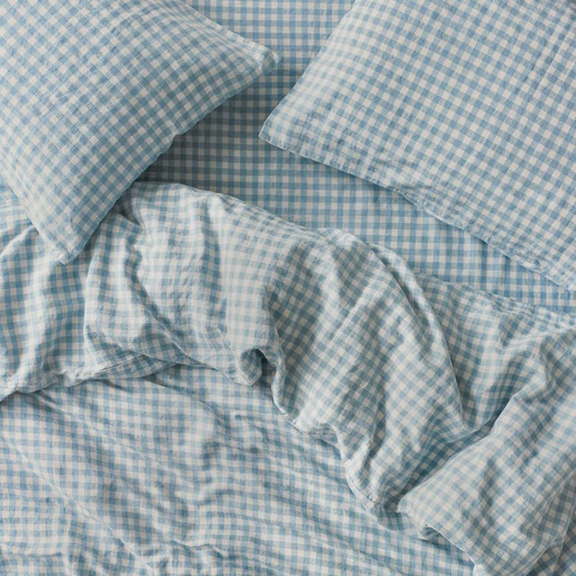 Warm Blue Gingham Linen Blend Duvet Cover