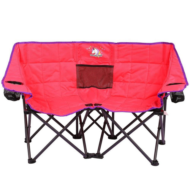 SUNNYFEEL Kids Folding Double Camping Chair, Portable Kids Camping Chairs Duo 2 Seat Chair, Padded Foldable Lawn Chairs with Cup Holder for Beach/Outdoor/Travel/Picnic, Foldable Camp Chairs 2 Person