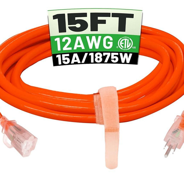 POWGRN 15 ft 12/3 Outdoor Extension Cord Waterproof Heavy Duty with Lighted Indicator End 12 Gauge 3 Prong, Flexible Cold-Resistant Long Power Cord Outside, 15Amp 1875W SJTW Orange ETL Listed