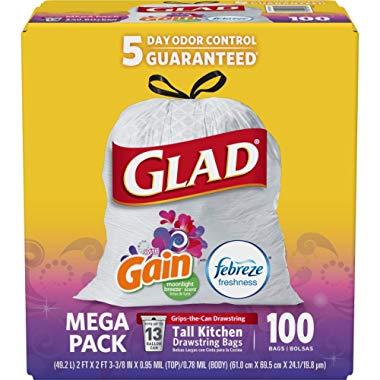 Glad Tall Kitchen Drawstring Trash Bags - OdorShield 13 Gallon White Trash Bag, Gain Moonlight Breeze - 100 Count