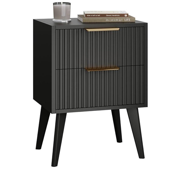 Night Stand,Modern Bedside Table,Black Nightstand with 2 Storage Drawers,Fluted Side Table with Wood Legs,Mid Century End Table for Living Room,Bedroom,Black 11.8"D x 16"W x 22.4"H CTG55BK