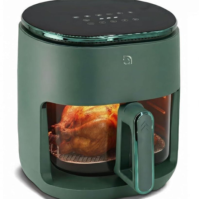 WILLOW Eco Series 6 in 1 Air Fryer with Glass Basket, 5 Quart Non Toxic Air Fryer w Digital Display, 430°F Max Temp, Preheat & Keep Warm Function, Compact + Dishwasher Safe Glass Airfryer - GREEN