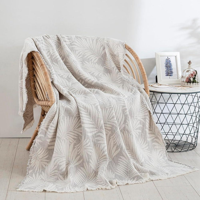 Purefair 100% Cotton 6 Layers Muslin Throw Blanket, Boho Jacquard Leaf Pattern Gauze Blanket with Fringed, Super Soft Lightweight Reversible Sofa Couch Cover for All Season(Grey, 59" x 78")